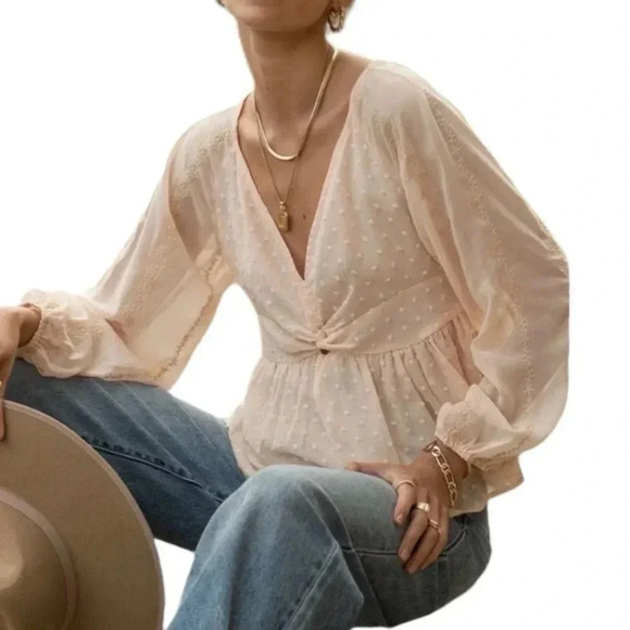BOHME Peach Swiss Dot Chiffon Top sz L Peplum Waist Deep V-Neck Long Sleeve Boho - Picture 1 of 7
